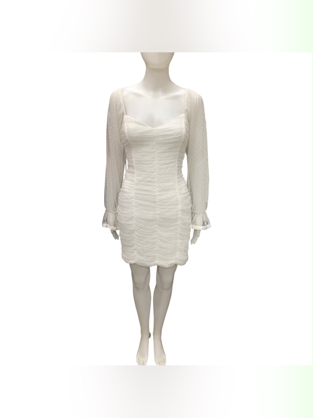 Haute Monde NWT Ivory Ruched Mini Dress with Sheer Long Sleeves Size L